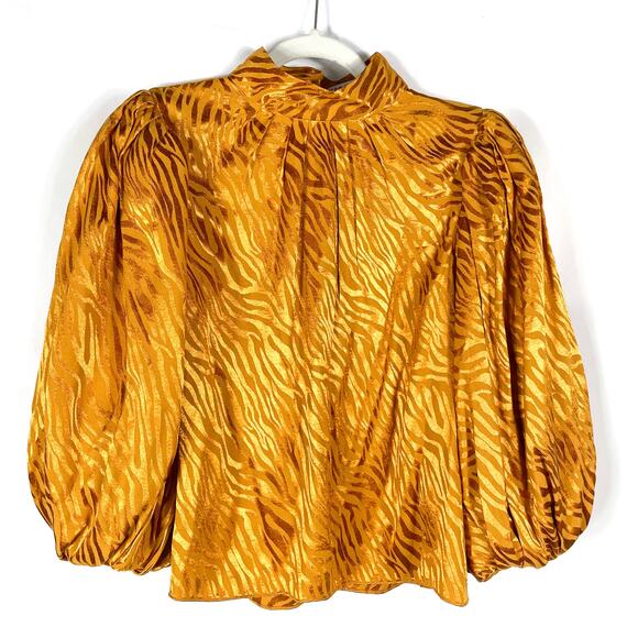 Alice + Olivia‎ Annabelle Top Autumn Gold Mock Satin Neck 3/4 Puff Sleeve Sz S - Picture 2 of 9